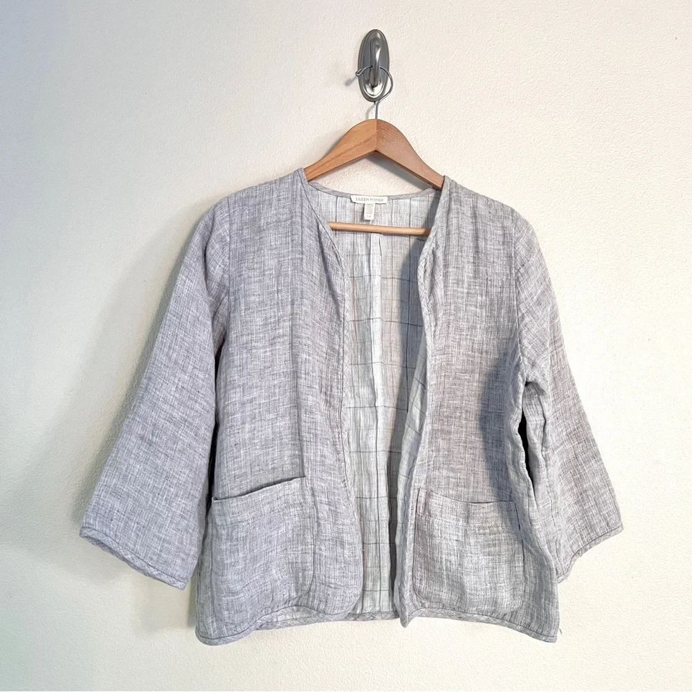 EILEEN FISHER Check Linen Round Neck Jacket in Dark Pearl Grey